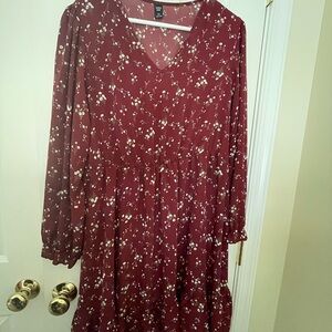 SHEIN Burgundy Floral V-Neck Long Sleeve Dress